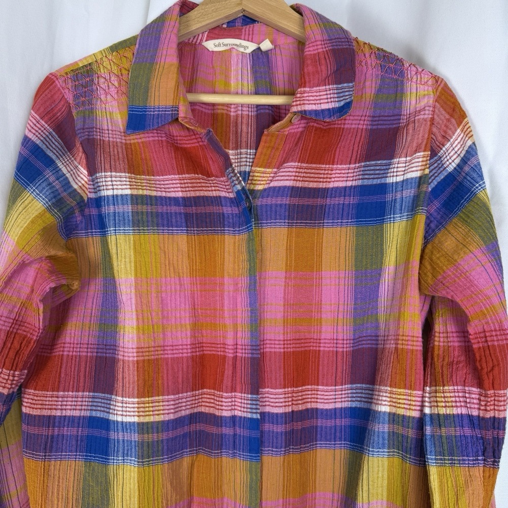 Soft Surroundings Womens M Sansonne Shirt Plaid Button Front Top Crinkle Gauze